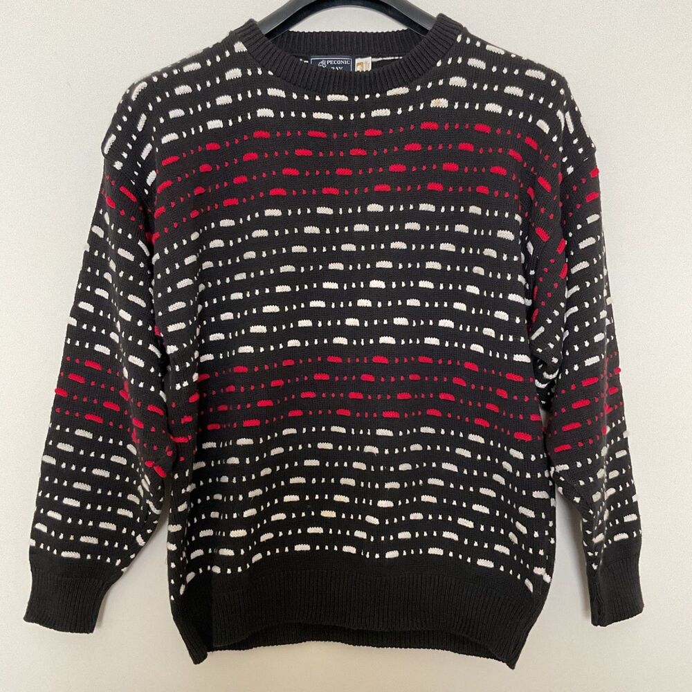 VTG 90s Peconic Bay Traders 3D Knit Sweater Mens L Black Red USA Made Cosby Boho